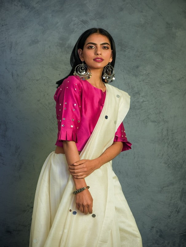 White Hand-painted Silk Crepe White Satin Taping Saree with Maroon Crepe  Handwork Blouse Piece | Exclusive blouse designs, Saree, Hand painted silk