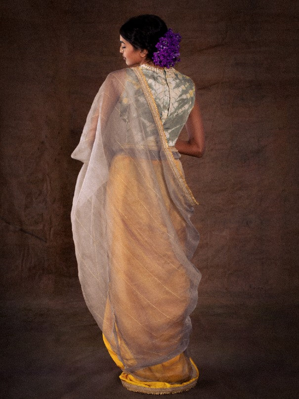 Grey and Yellow Silk Organza Saree Set now available at Trendroots