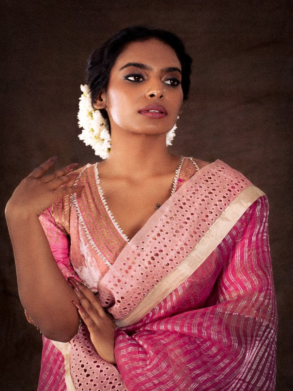 Pink Organza Saree With Velvet Blouse now available at Trendroots