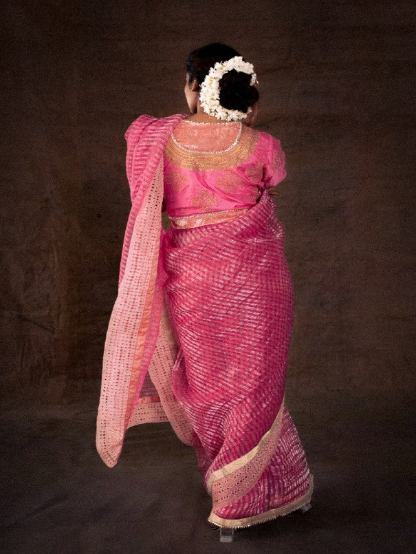 Pink Organza Saree With Velvet Blouse now available at Trendroots